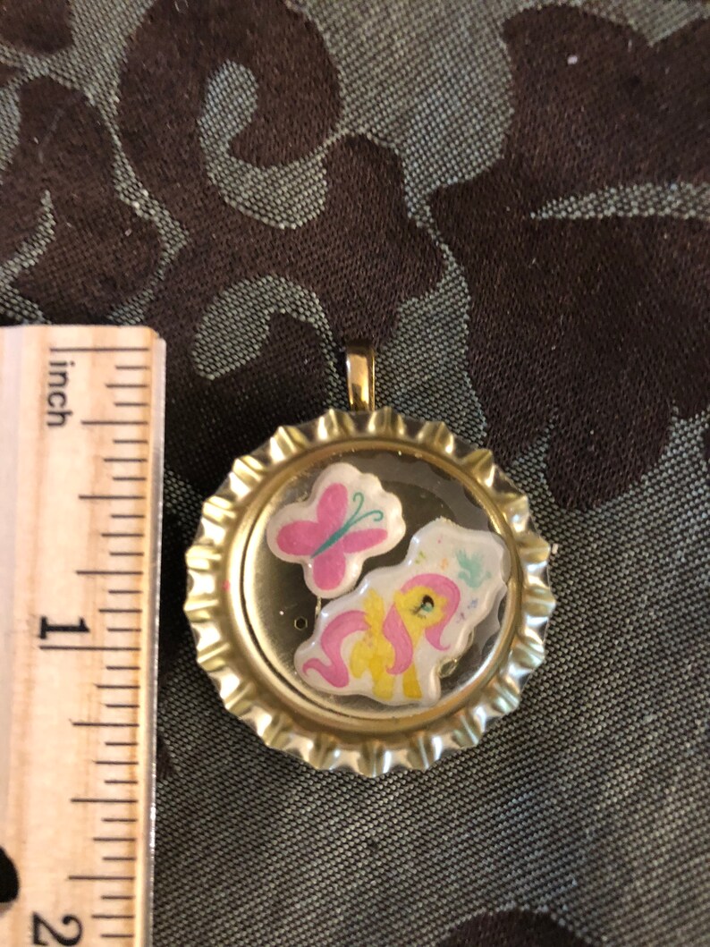 Fluttershy bottle cap pendent with butterfly