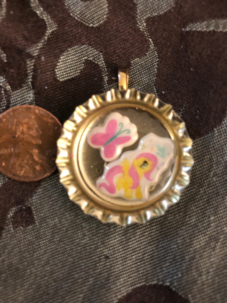 Fluttershy bottle cap pendent with butterfly