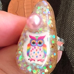 Rainbow owl adorable resin ring