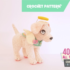Puede incluir: Patrón de crochet para un perro ángel blanco con un halo amarillo, alas rosas y un collar verde. 40% de descuento en todos los cachorros, código de cupón dentro!