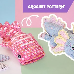 May include: Crochet pattern for a pink and white whale shark and a blue and yellow axolotl. The pattern includes instructions for crocheting the animals and two small fish.