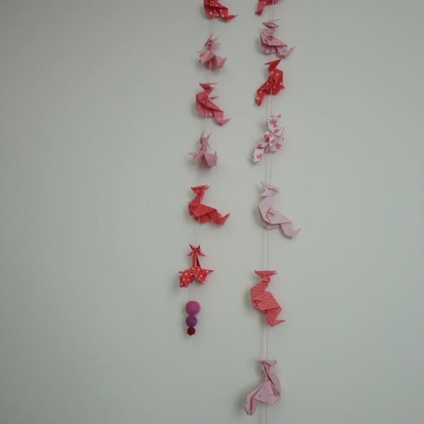 Dragon garland in pink and red orgami with heart pattern/ Red and pink dragons garland