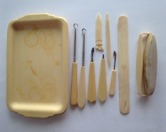 Rare Vintage Fairfax Ivory Fiberloid Vanity Set Items w/File Tray 1940's-1950's Gift