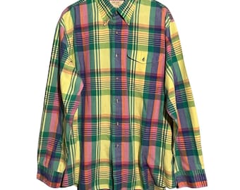 Vintage The Fox heren overhemd met knopen maat XL geruit groen geel western retro cowboy enkele naald Tailor Tailoring Made in Hong Kong, zeldzaam werk