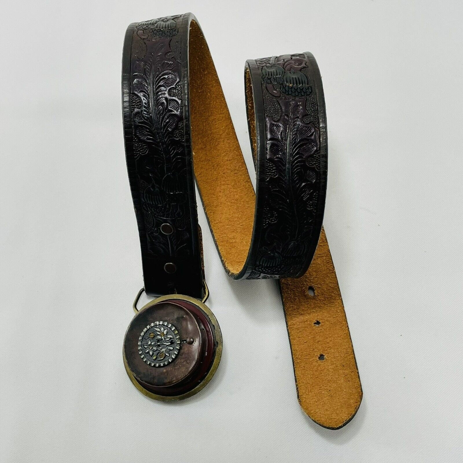 Beth Frank Brown Black Tooled Quality Leather Belt Inlay Pearl Floral Buckle 1978 Beth Frank Leather Belt Big Buckle Size 32 Retro Metal  main image 3