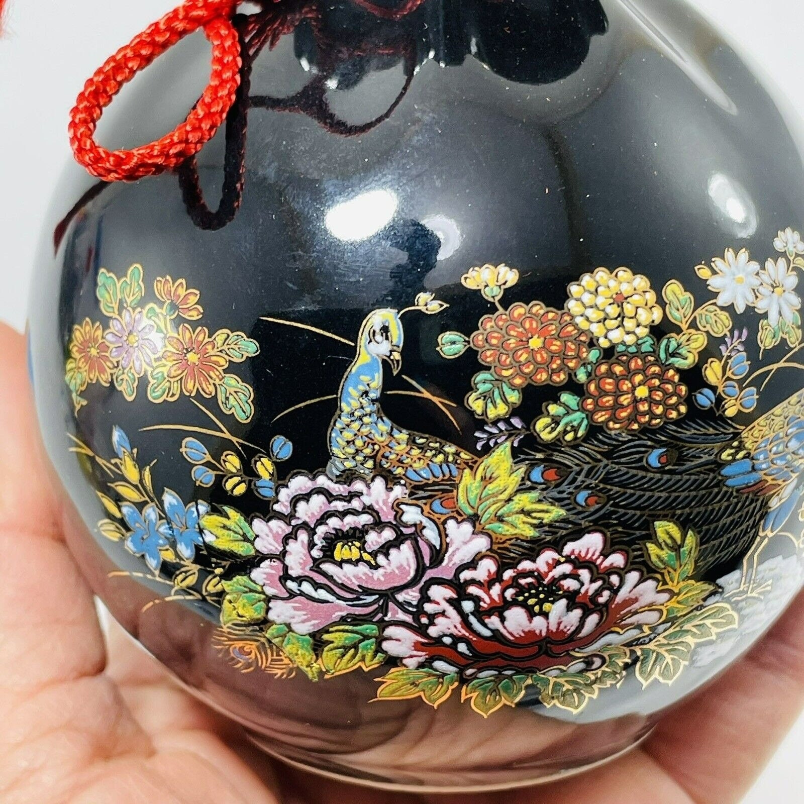赤黒金青の円錐形陶器 Vintage Japanese Peacock Vase Round Short Bird Flower Black