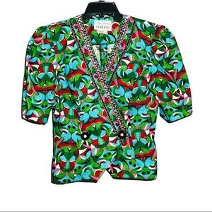 Vintage Teri Jon Rickie Freeman linnen pak blazer dames maat 4 gewas retro groene kunst kleurrijke statement vet luid unieke werkkleding modern zeldzaam