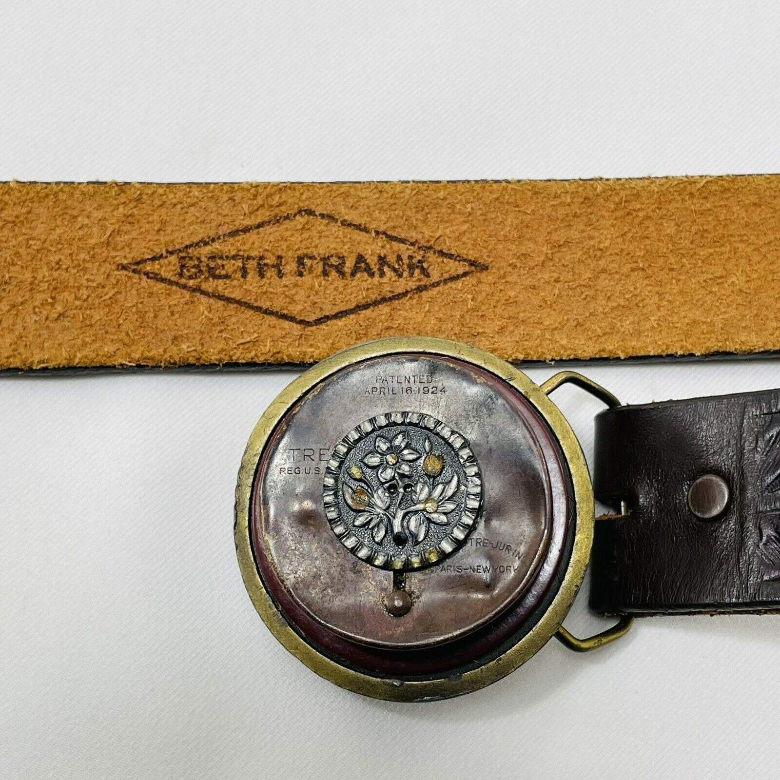 Vtg 1978 Beth Frank Leather Belt Big Buckle Size 32 Retro Vtg 1978 Beth Frank Leather Belt Big Buckle Size 32 Retro