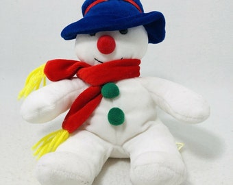 Vintage Dan Dee Dandee Christmas White Snowman Plush Toy 9&quot; Stocking Stuffer Bean Bag Friends Deco Winter Outfit Scarf Hat Shelf Sitter Sit