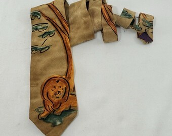 Vintage WWF-stropdas zijden wilde leeuwen #139 Wereld Natuur Fonds stropdas dier Afrika Sahara woestijn Safari 1991 zeldzaam bedreigd verzamelobject VS