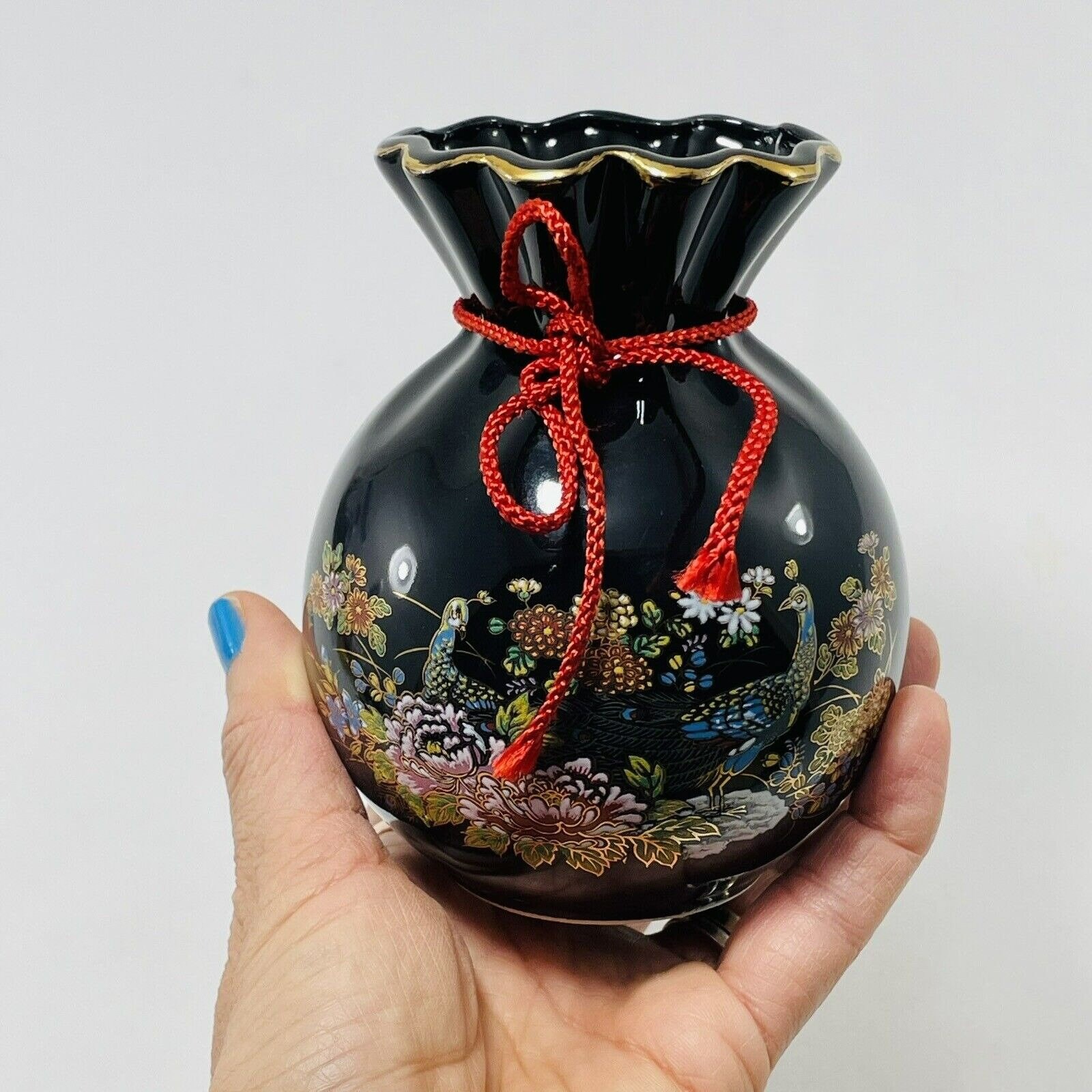 赤黒金青の円錐形陶器 Vintage Japanese Peacock Vase Round Short Bird Flower Black