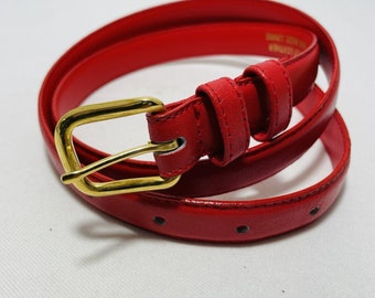 Vintage Red Leather Belt Solid Brass Square Buckle Women Size M Retro Workwear Modern Colorful Adjustable Goth Gothic Made in Taiwan