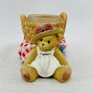 Vintage Enesco Cherished Teddies Bear Votive Candle Holder Basket Girl Figurine Picnic Home Decor Accent Nursery Children Bedroom Kid 1998
