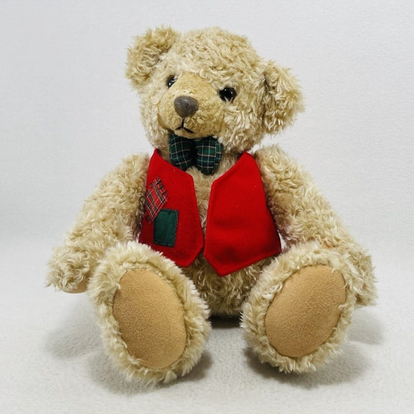 Vintage Hallmark Bear Plush 12” Brown Men Boy Red Vest Jacket Green Plaid Bowtie