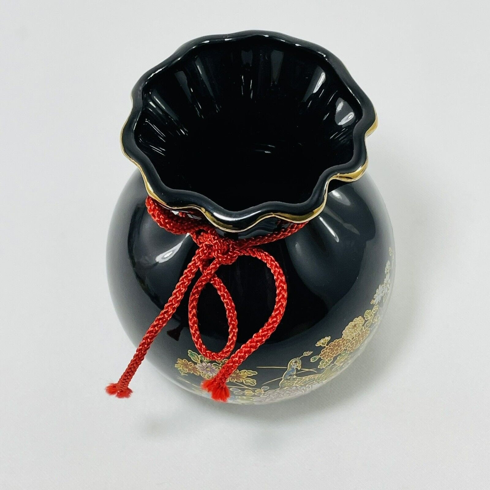 Vintage Japanese Peacock Vase Round Short Bird Flower Black