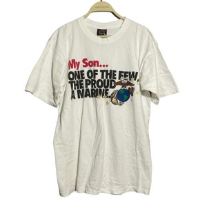Camiseta vintage Soffe para hombre, talla L, hijo, infante de marina, ejército, militar, orgulloso padre, orgullo, soldado, americano, águila americana, veterano, patriota, luchador patriótico.