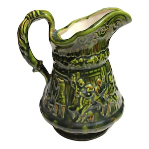 Vintage Pitcher 7” Green Colonial Time Big Jug Stoneware Ceramic Craft Embossed Textured serving kitchenware water container with handle