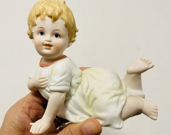 Vintage Andrea Sadek Japan Piano Baby Figurine 7050 Girl Blonde Bisque Crawl Kid, 1984, Japan Made, Porcelain Shelf Display Nursery Infant