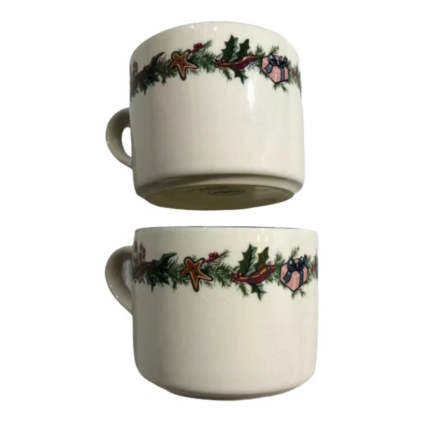 The Cellar OTannenbaum Christmas Cup set 1992 Vintage Exclusive Mpd, White Glaze Porcelain Coffee Teacup Mug two couple drinkware chinaware