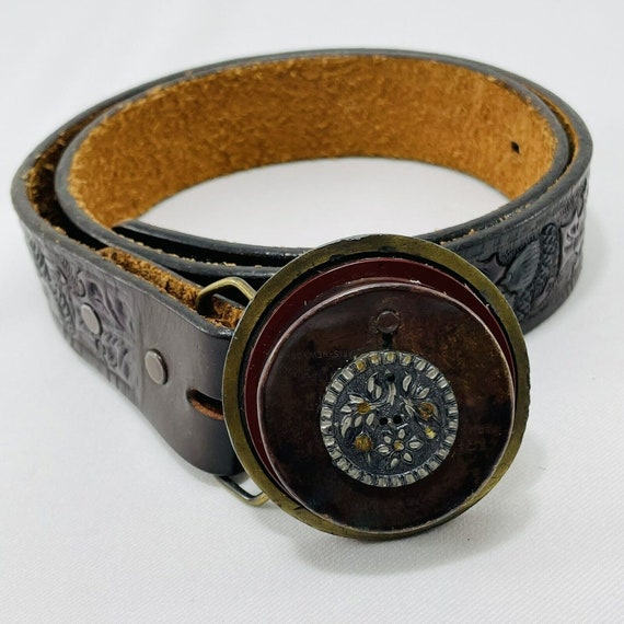 Vintage Beth Frank Leather Belt Western Buckle Round Sz 32 Retro Cowboy Cowgirl Vintage Beth Frank Leather Belt Western Buckle Round Sz 32  main image 2