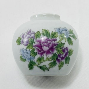 Chinese Peony Vase Incense Burner Ash Holder Trinket Purple Flower Short Small Chubby Round Mini Asian Oriental Art Culture Spring Summer
