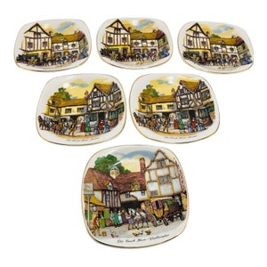 Vintage Rare Enoch Wedgwood England Tunstall Plate Set 5”x5&quot; Square Old Coach House Horse UK Woolhampton Bristol York Collector Collectible