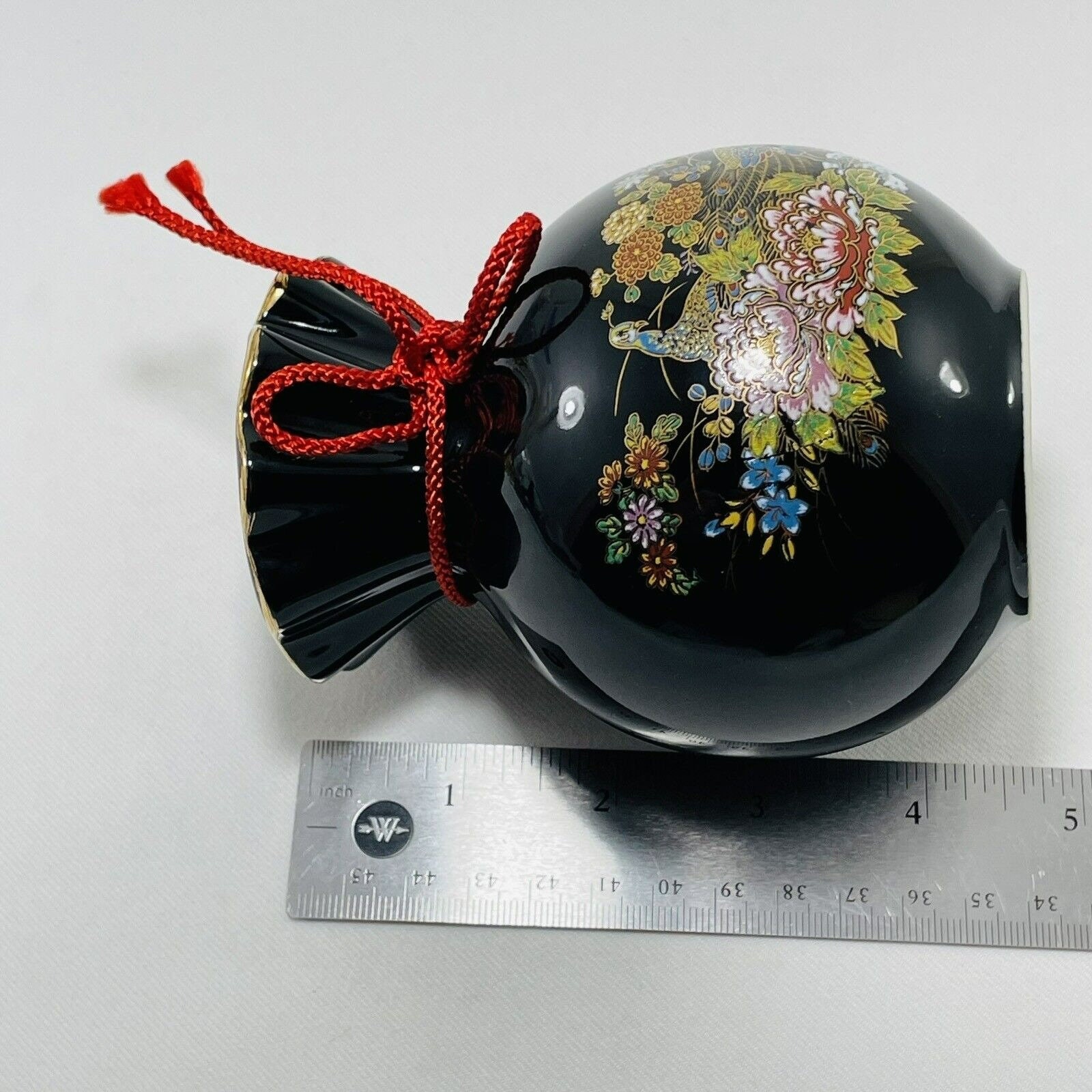 赤黒金青の円錐形陶器 Vintage Japanese Peacock Vase Round Short Bird Flower Black