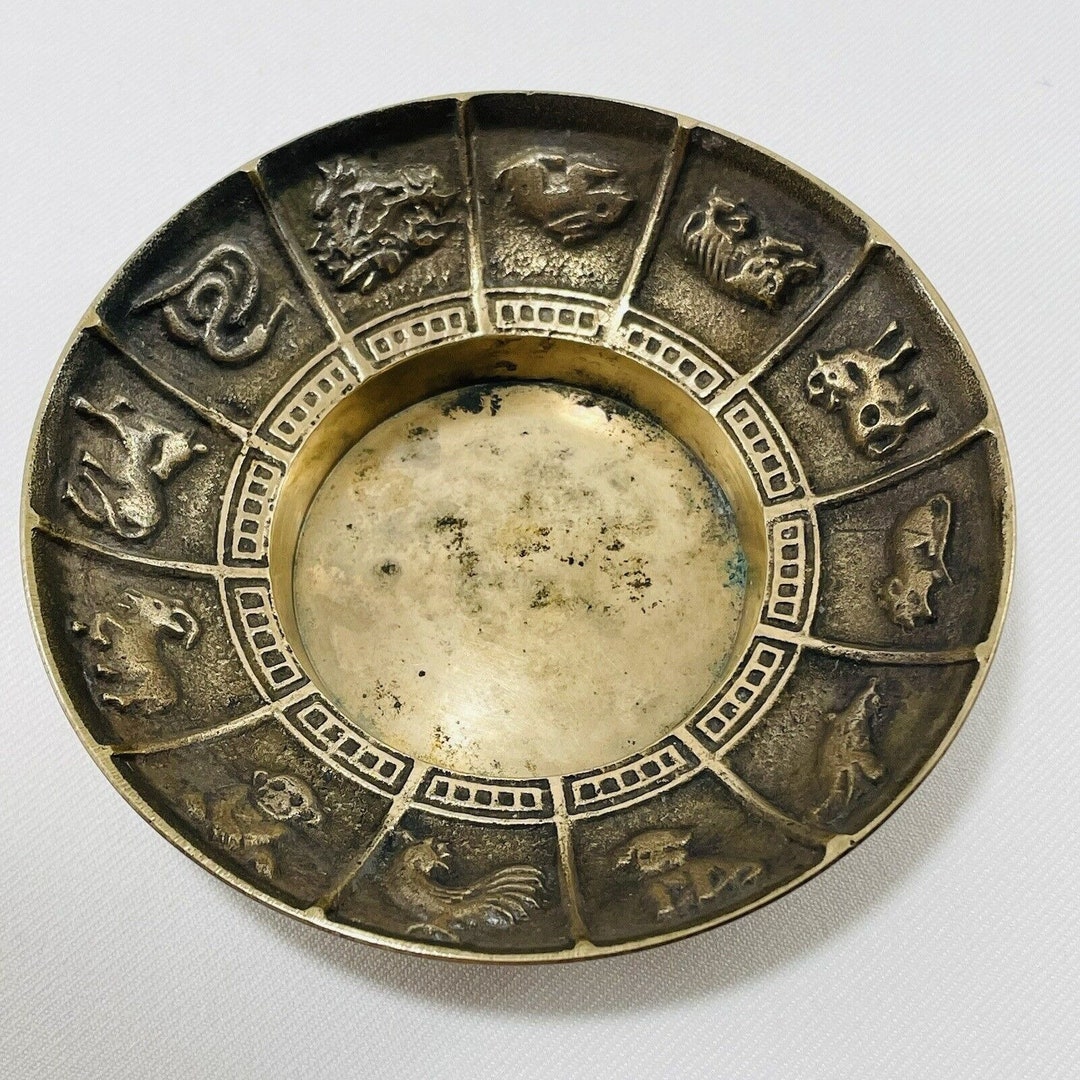 Chinese Zodiac Brass Trinket Dish Plate Ashtray Asian Horoscope