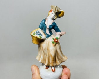 Vintage Colonial Victorian Lady Woman Figurine Sculpture Porcelain Basket Stand Shelf Display Mid Modern Century Japan Small Mini Doll Deco