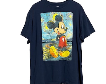 Disney Mickey Mouse T-shirt heren maat L Blauw Van Gogh Sterrennacht kunst schilderij kunstenaar inspiratie aquarel korte mouw crew casual zeldzaam