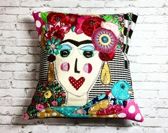 Frida and Bird Fabric Pillow, Collage Throw Pillow, Art Fabric Home Decor