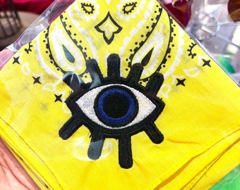 Embroidered Evil Eye Bandana, Ojo Bandana, Head Bandana, Neck Bandana, Tote Accessory, Bandana for Women, Bandana for Pets