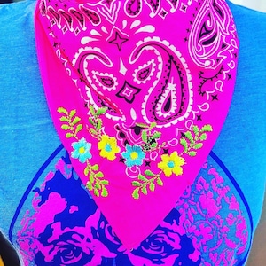 Embroidered Hot Pink Bandana, Neck Bandana, Hair Bandana, Tote Bandana Accessory,, Bandanas for Women, Pet Bandanas