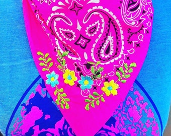 Embroidered Hot Pink Bandana, Neck Bandana, Hair Bandana, Tote Bandana Accessory,, Bandanas for Women, Pet Bandanas