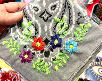 Embroidered Grey Bandana, Head Bandana, Neck Bandana, Tote Accessory, Bandana for Women, Bandana for Pets
