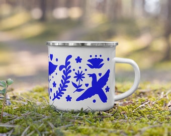 Mexican Otomi Enamel Mug, Blue and White Otomi, Mexican Drinkware