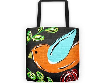 Bird Tote, Bird Bag, Folk Art Tote, Mixed Media Tote, Boho Chic