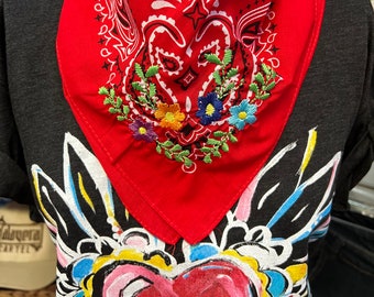 Embroidered Floral Red Bandana Head Kerchief Necktie Tote Accessory or Pet Bandana Stocking Stuffers Christmas Gifts