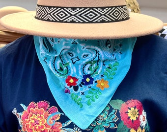 Embroidered Turquoise Bandana, Head Bandana, Neck Bandana, Tote Accessory, Bandana for Women, Bandana for Pets