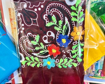 Embroidered Floral Maroon Bandana, Head Bandana, Neck Bandana, Tote Accessory, Bandana for Women, Necktie, Bandana for Pets
