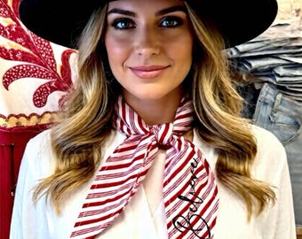 Believe Embroidered Red and White Stripe Christmas Ascot, Scarf, Christmas Gift, Stocking Stuffer