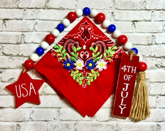 Red, White and Blue Floral Embroidered Bandana, 4th of July
