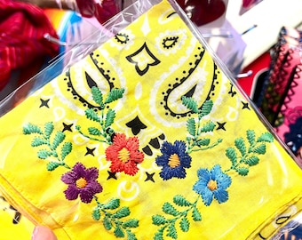 Embroidered Yellow Bandana, Head Bandana, Neck Bandana, Tote Accessory, Bandana for Women, Bandana for Pets