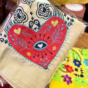 Boho Heart Eye Embroidered Bandana Head Kerchief Necktie Tote Accessory or Pet Bandana