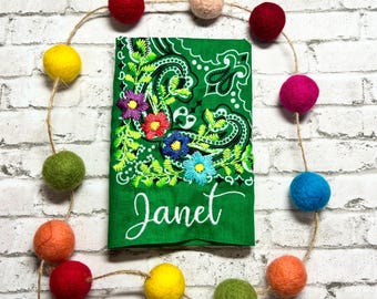 Personalized Floral Embroidered Custom Name Bandana, Neck Tie, Scarf, Gift Item
