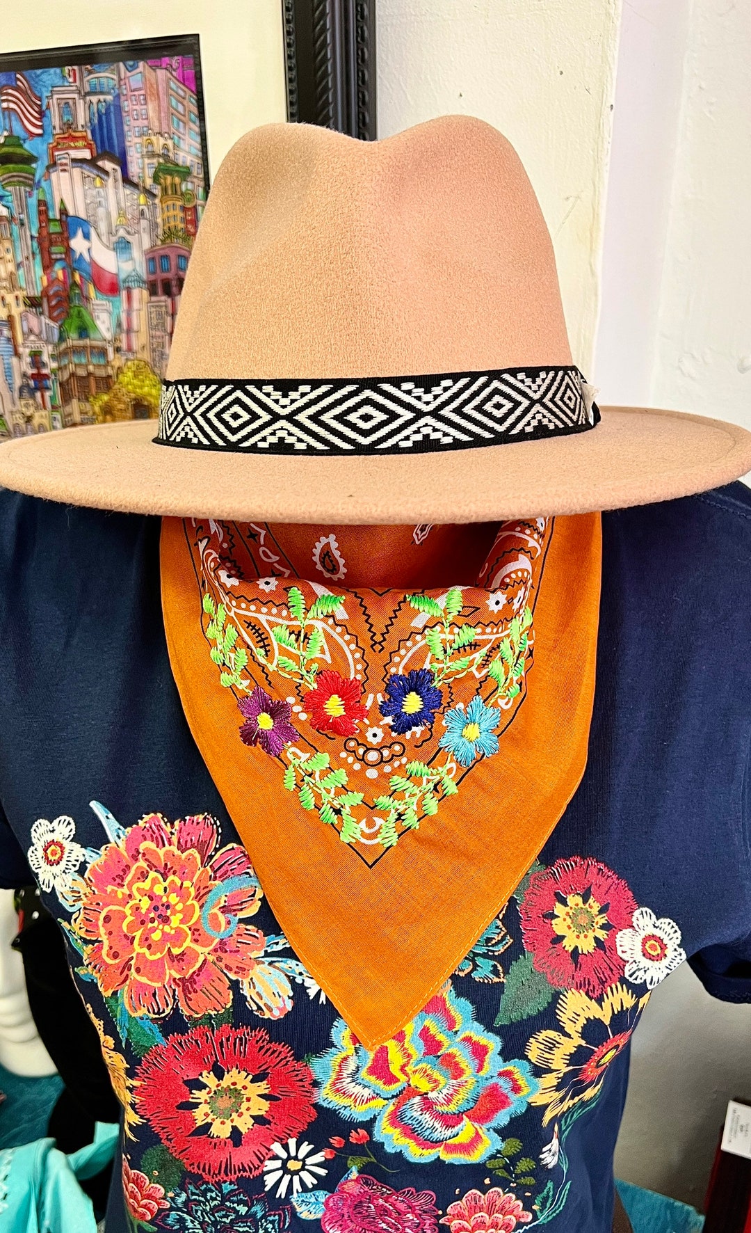 Embroidered Burnt Orange Bandana, Head Bandana, Neck Bandana, Scarf