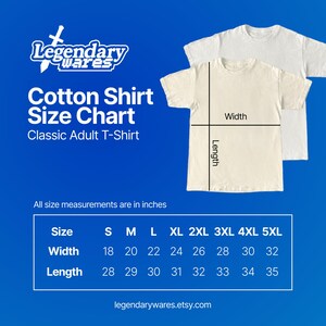 May include: A cotton shirt size chart for classic adult t-shirts. The chart includes measurements in inches for sizes S to 5XL. The image also shows two t-shirts, one cream-colored and one white.