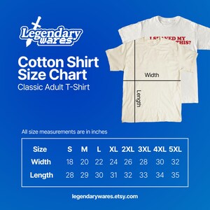 Op de afbeelding: Maattabel voor katoenen T-shirts voor volwassenen. De tabel toont de maten in centimeters voor de maten S t/m 5XL. De breedtematen vari&euml;ren van 45,7 cm tot 81,3 cm en de lengtematen van 71,1 cm tot 88,9 cm.