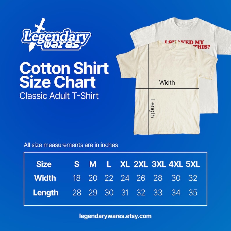 Op de afbeelding: Maattabel voor katoenen T-shirts voor volwassenen. De tabel toont de maten in centimeters voor de maten S t/m 5XL. De breedtematen vari&euml;ren van 45,7 cm tot 81,3 cm en de lengtematen van 71,1 cm tot 88,9 cm.