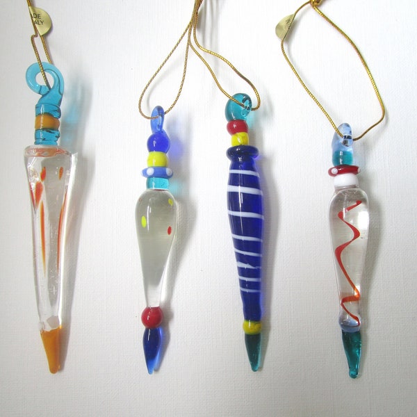 MADE IN ITALY tagged set of 4 genuine Italian glass Christmas ornaments *with original tags*  Murano icicle for tree, 4" holiday millefiori